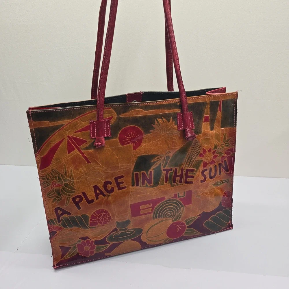 A Place In The Sun Genuine‎ Leather Embossed Tote Bag Red Brown Made in India